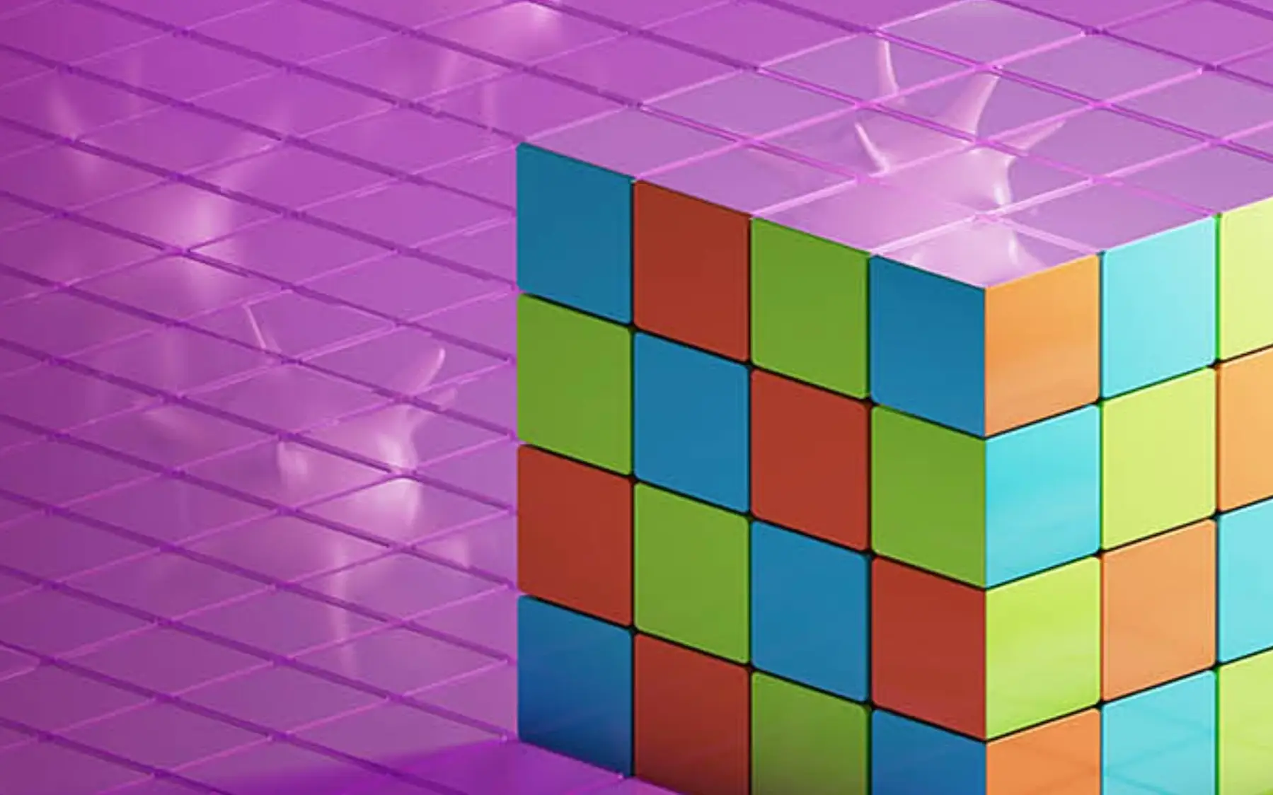 Bildschirmleserbeschreibung: Informative medizinische Grafik zum Thema ITP (Idiopathische Thrombozytopenische Purpura). Auf einem lila geometrischen Hintergrund ist ein zentraler dreidimensionaler Würfel dargestellt, der aus vielen kleineren bunten Würfeln besteht. Diese symbolisieren die Komplexität und Vielschichtigkeit der Erkrankung. Die Hauptüberschrift lautet "Vielfältigen Dimensionen der ITP erkennen", darunter steht der Untertitel "Mehr als nur Thrombozyten. Bereit für neue Blickwinkel!". Rechts neben dem Würfel befindet sich ein hervorgehobenes Textfeld mit der Aufschrift "Definition der ITP". Das Bild vermittelt einen professionellen medizinisch-edukativen Charakter und verdeutlicht, dass ITP ein komplexes Krankheitsbild ist, das aus verschiedenen Perspektiven betrachtet werden sollte.