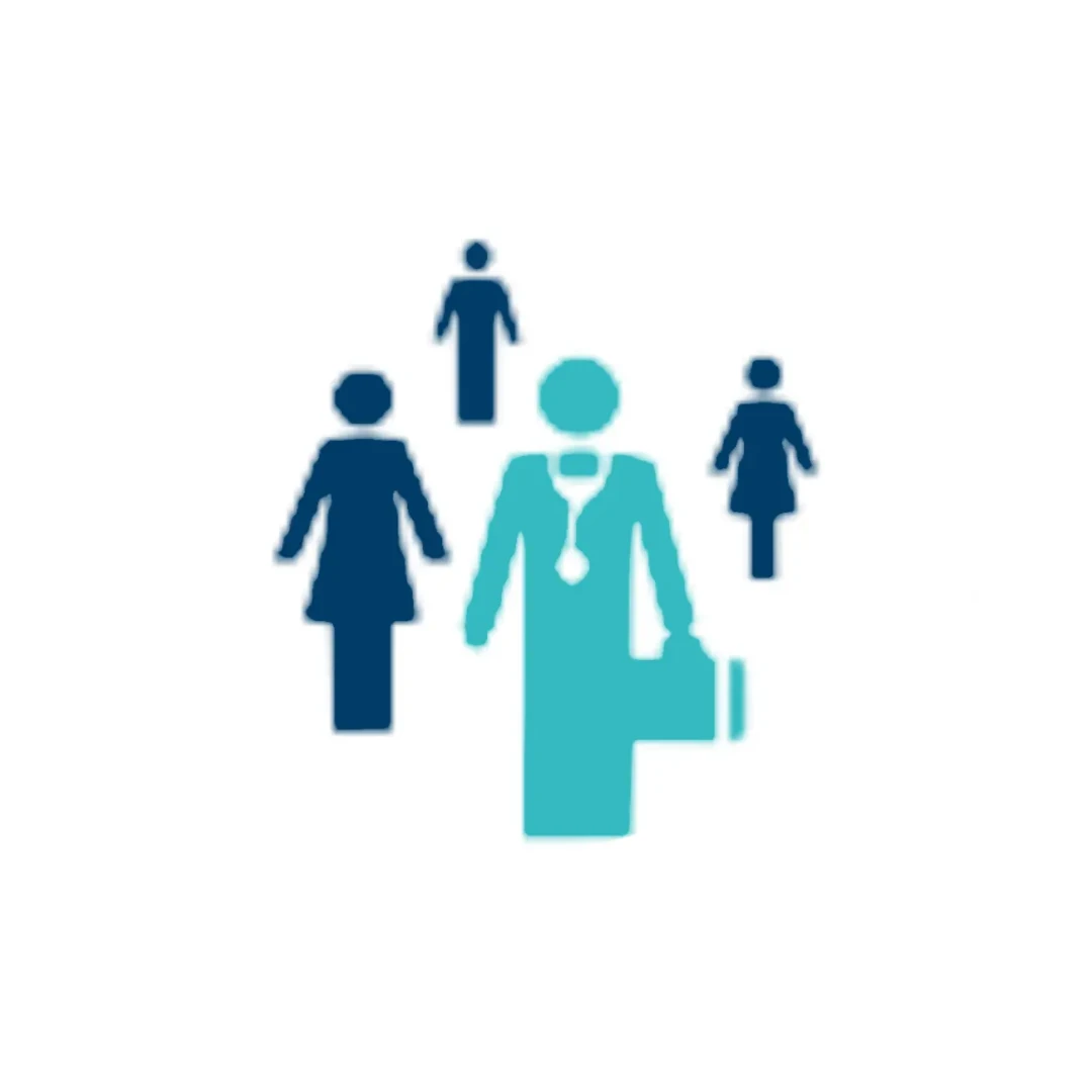 Symbol einer medizinischen Fachkraft mit einem Koffer und einem Stethoskop und drei Personen, die dahinter stehen.