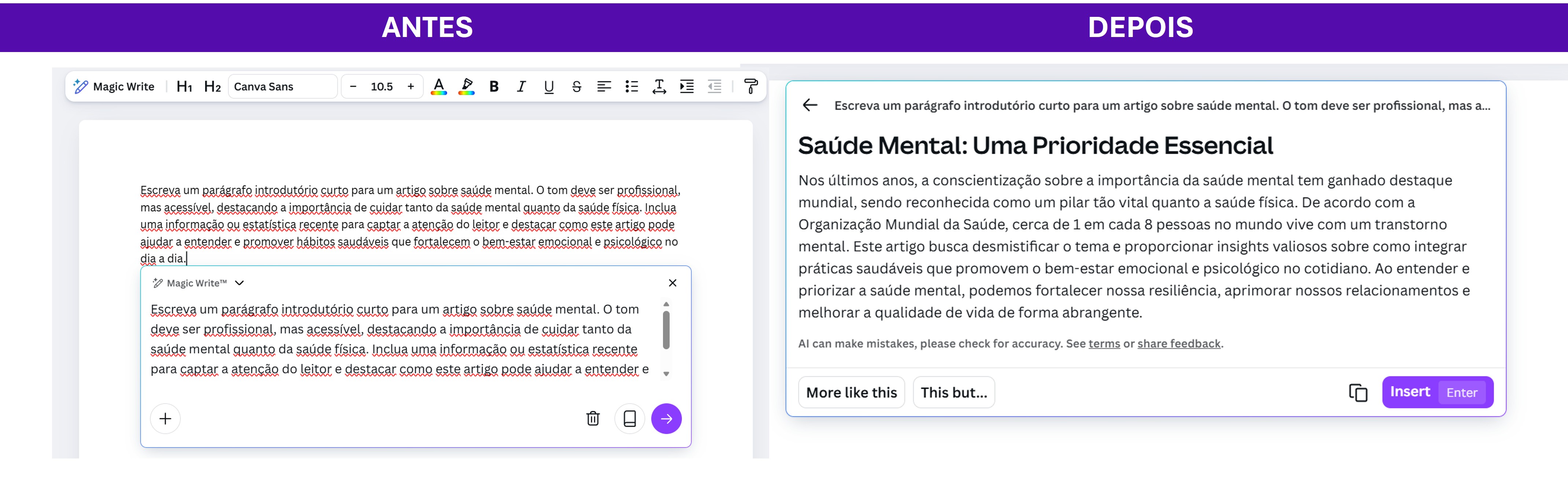 A imagem demonstra a funcionalidade de introdução de comandos do Magic Write do Canva através de uma comparação "Antes" e "Depois".