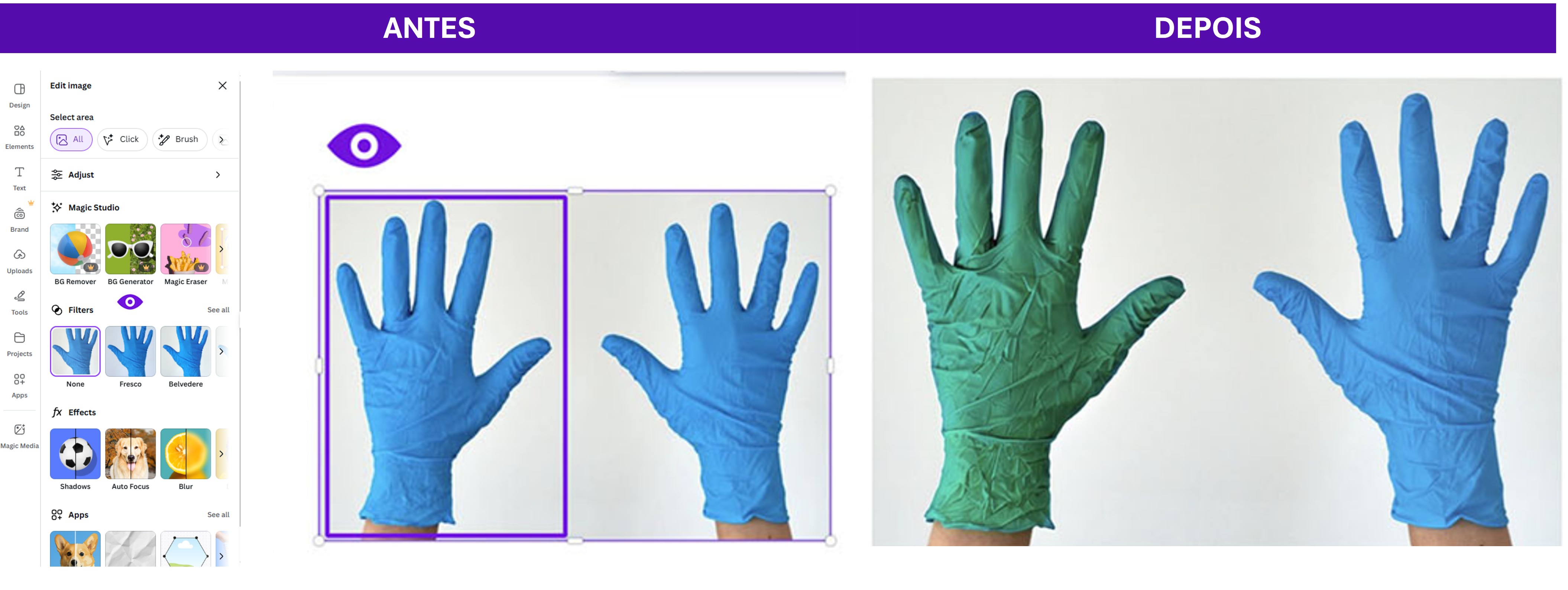 A imagem demonstra a funcionalidade da ferramenta Magic Edit do Canva através de uma comparação "Antes" e "Depois"