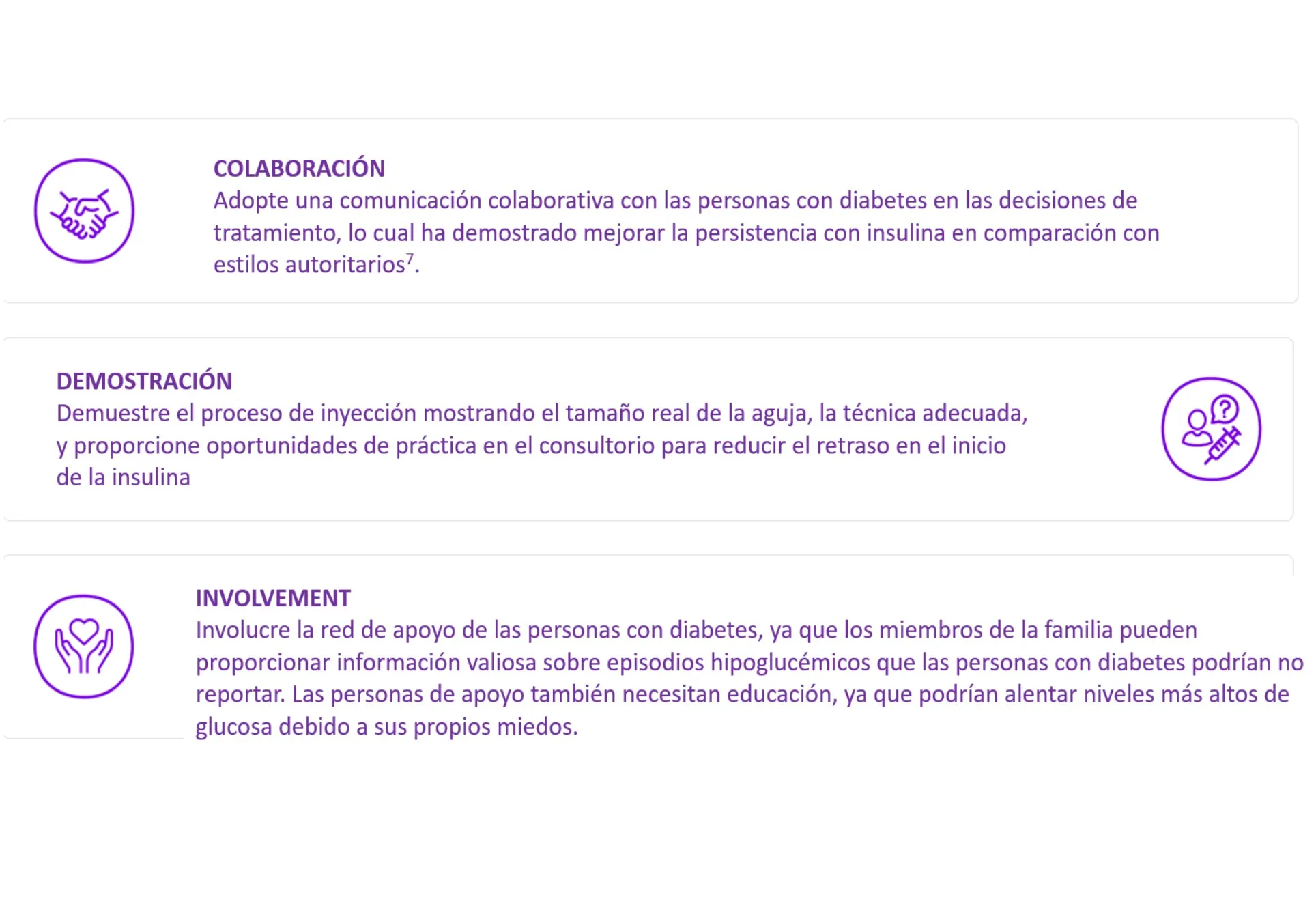Colaboración: adoptar una comunicación colaborativa con las personas que viven con diabetes en las decisiones de tratamiento. Demostración: Mostrar el proceso de aplicación. Incolucramiento: Involucre a la red de soporte del paciente.