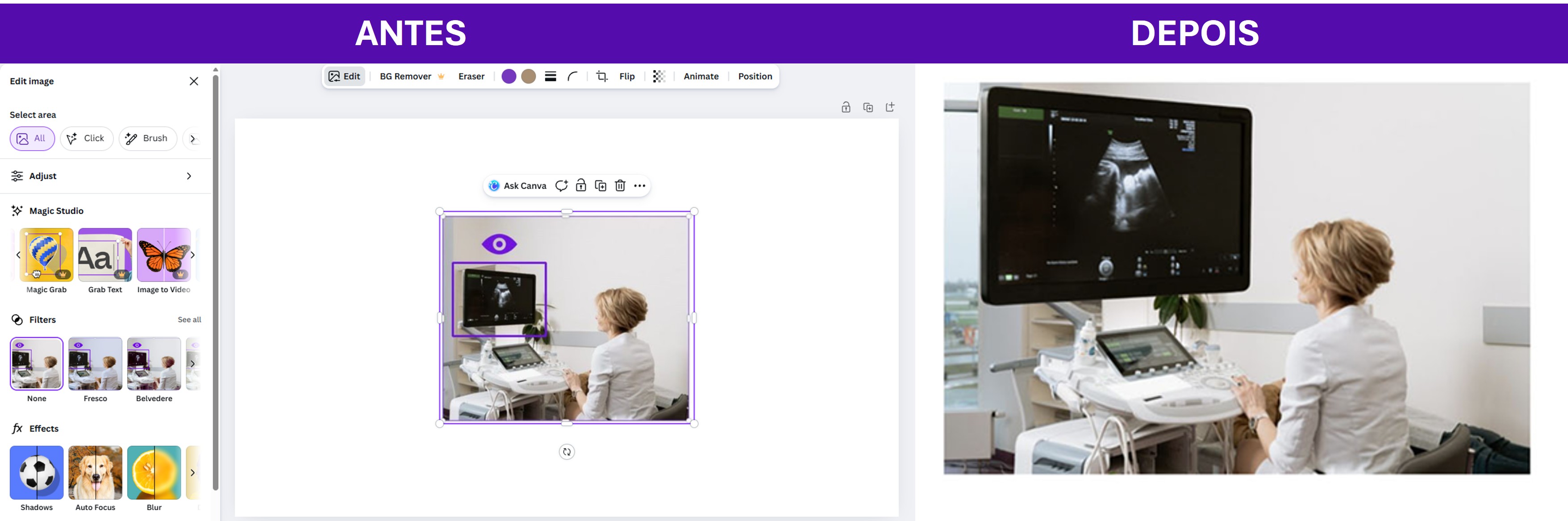 A imagem demonstra a funcionalidade da ferramenta Magic Grab do Canva através de uma comparação "Antes" e "Depois".