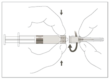 Image of hands attaching a needle to a syringe by twisting.
