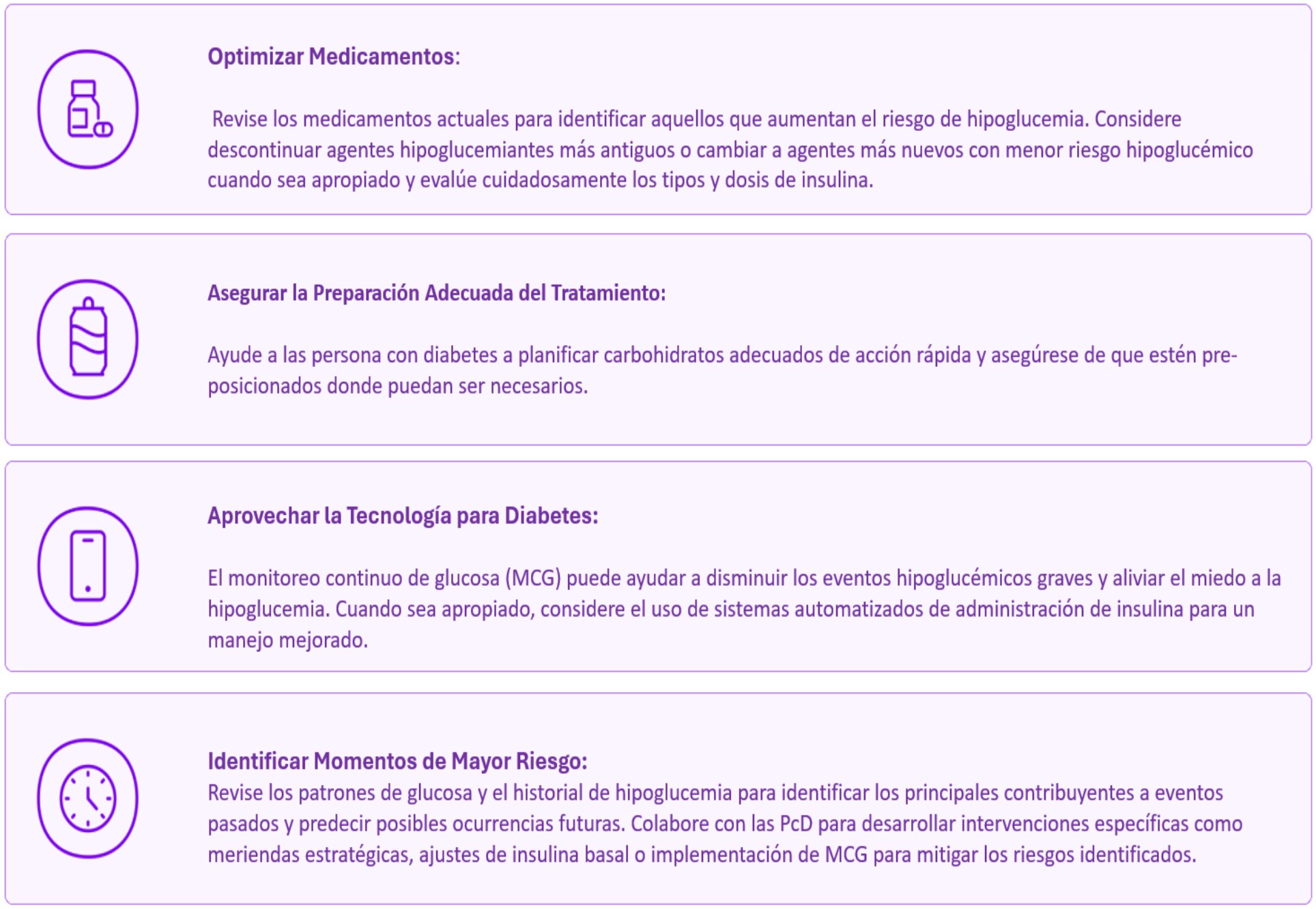 Componentes prácticos del manejo, como optimizar medicamentos, asegurar la preparación adecuada del tratamiento, aprovechar la tecnología para diabetes, e identificar momentos de mayor riesgo