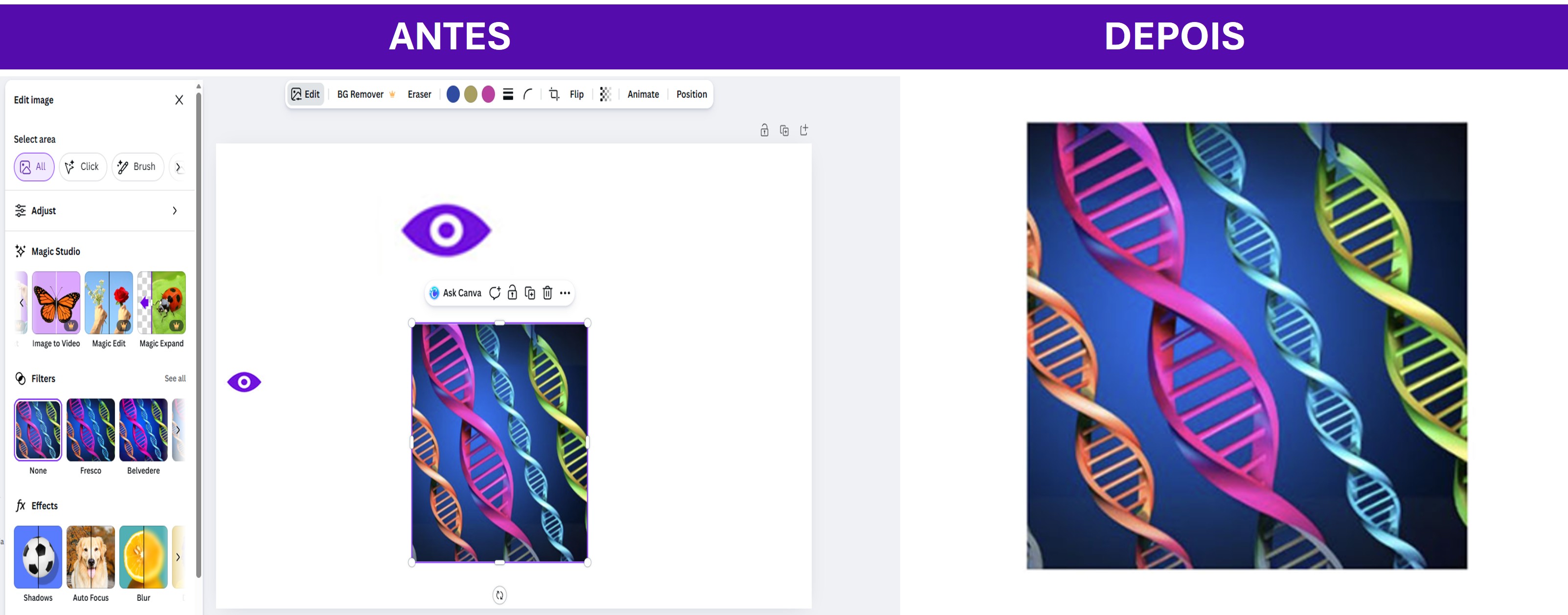 A imagem demonstra a funcionalidade da ferramenta Magic Expand do Canva através de uma comparação "Antes" e "Depois