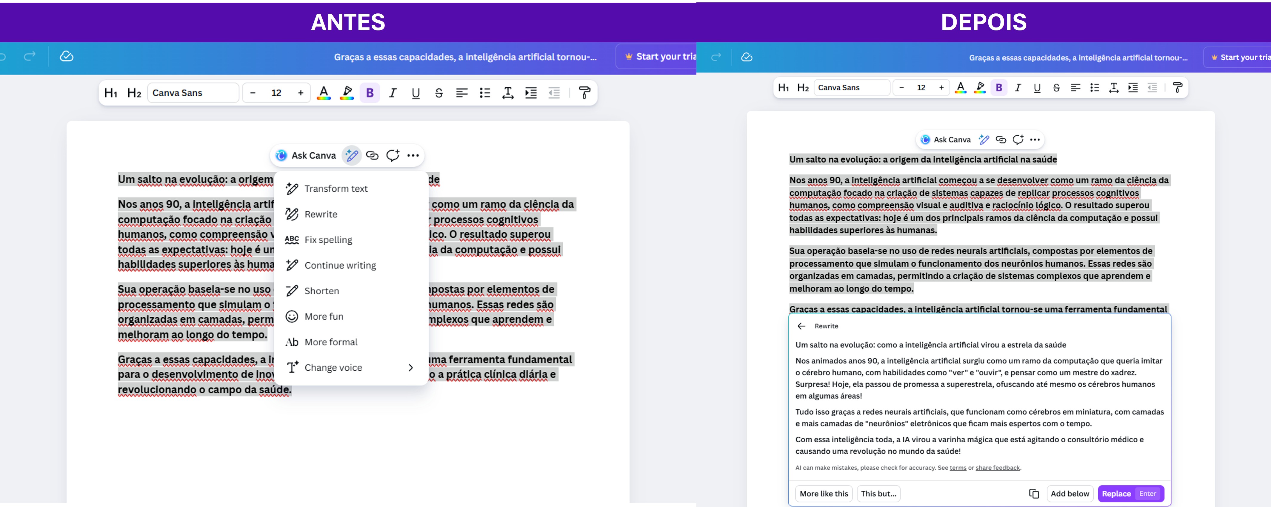 A imagem demonstra a funcionalidade da ferramenta Magic Write do Canva através de uma comparação "Antes" e "Depois" de um documento de texto.