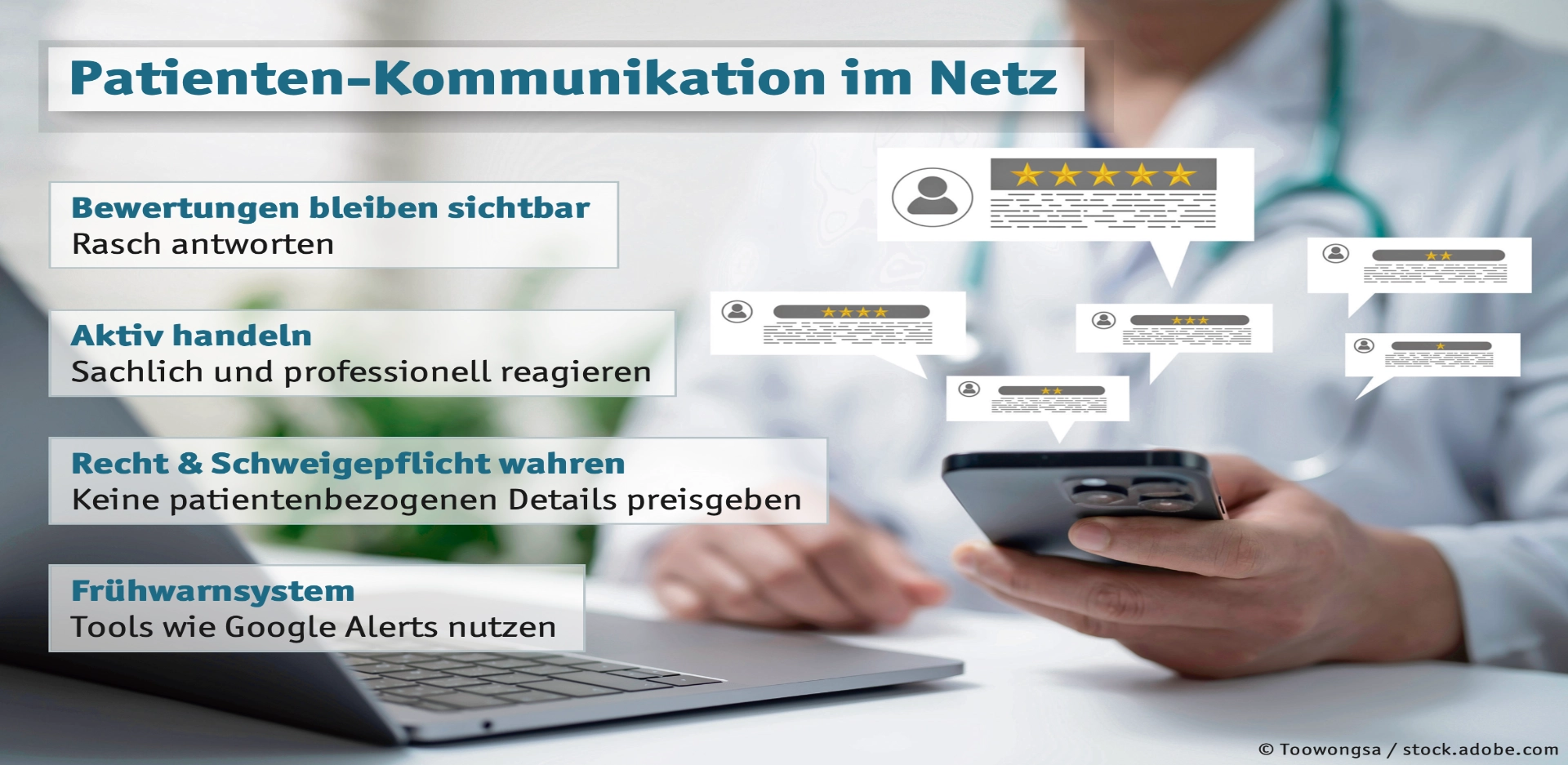 Eine Hand hält ein Mobiltelefon, auf dessen Bildschirm Bewertungen und Kommentare angezeigt werden.