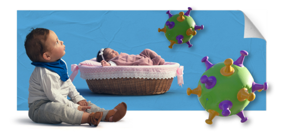 Image of a baby sitting, and a baby in a bassinet