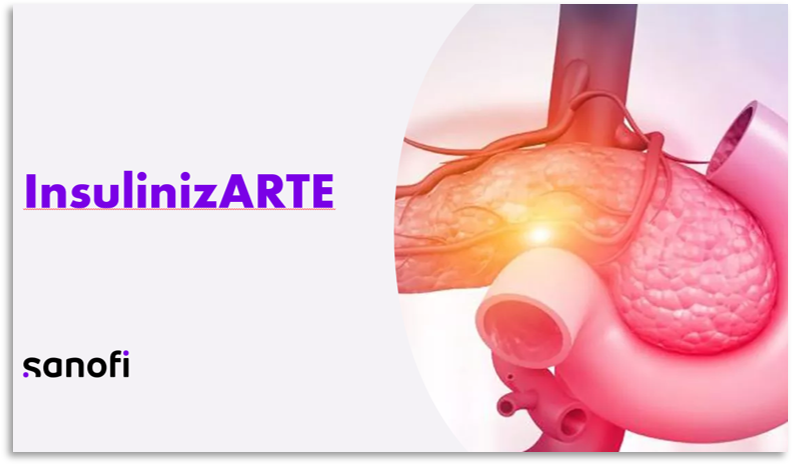 Logo de insulinizarte, con título a la izquierda y una ilustración de un páncreas a la derecha