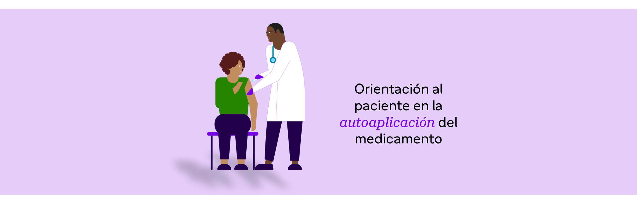 Ilustración de un profesional de salud orientando a un paciente sentado sobre la autoaplicación del medicamento