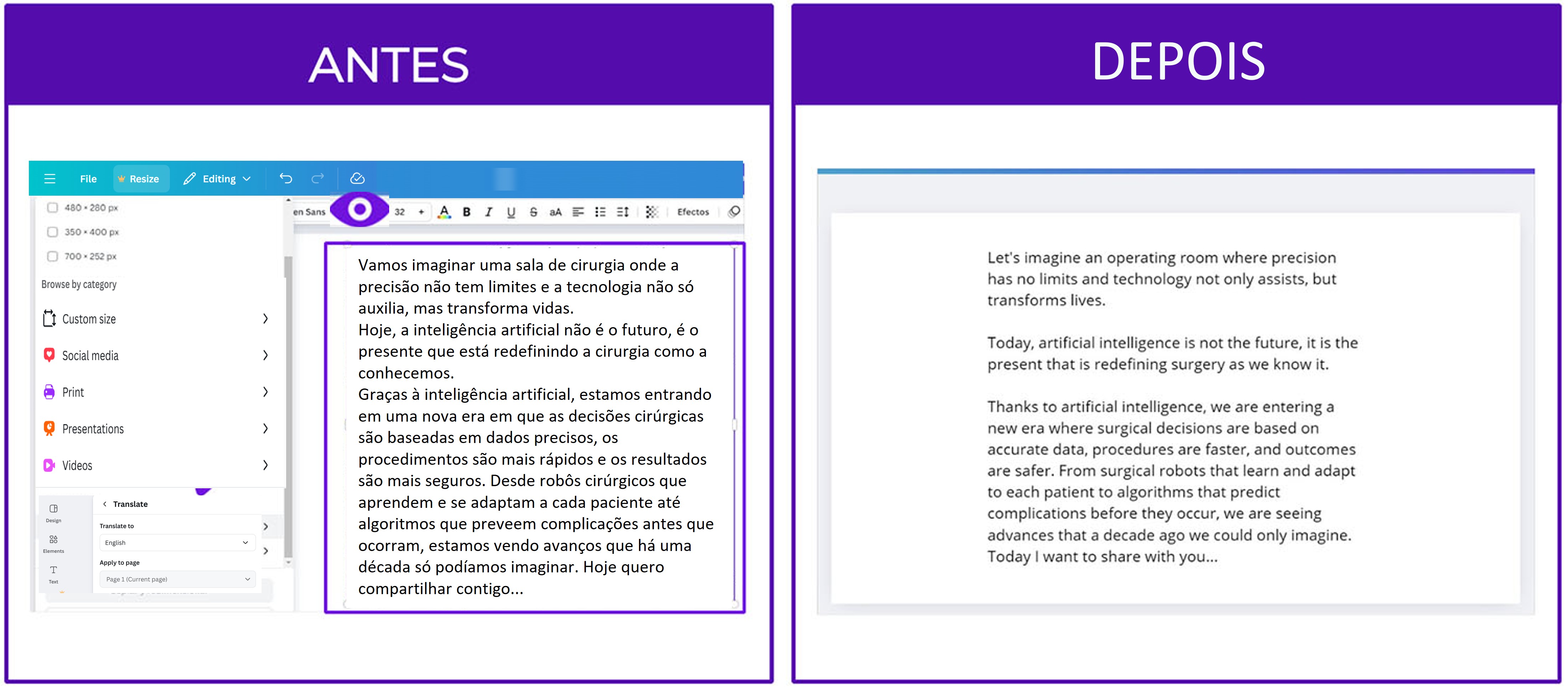 A imagem demonstra a funcionalidade do Tradutor Automático do Canva através de uma comparação "Antes" e "Depois"