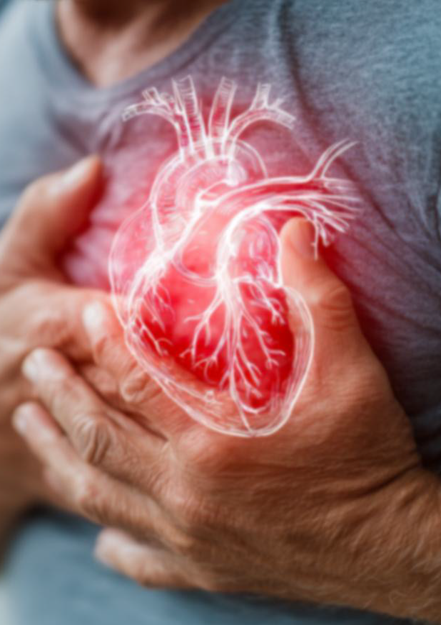 Người đặt tay lên ngực với hình minh họa trái tim nổi bật, đại diện cho bệnh lý mạch vành