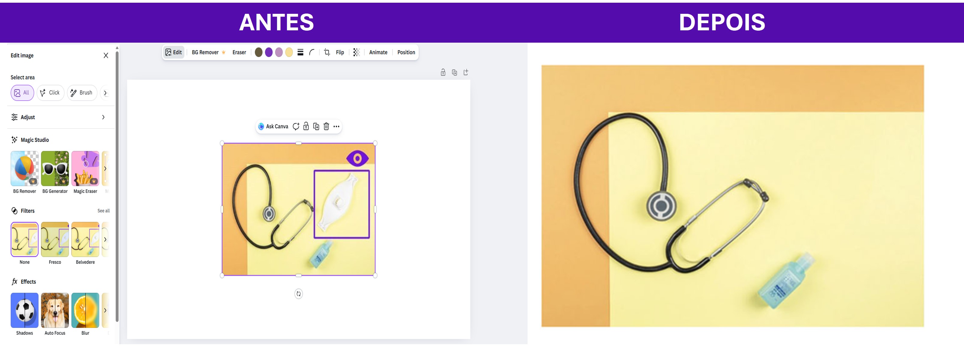 A imagem demonstra a funcionalidade da ferramenta Magic Eraser do Canva através de uma comparação "Antes" e "Depois"