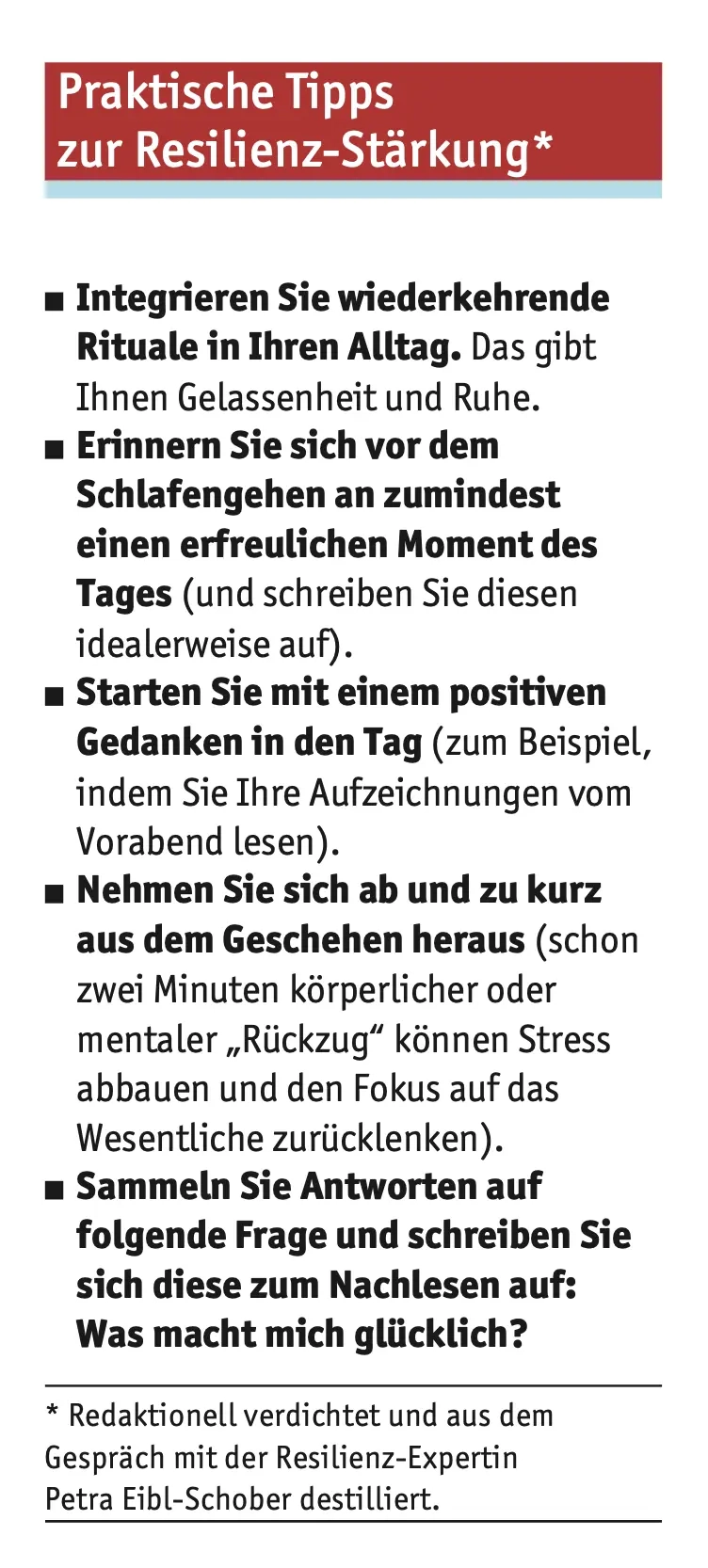Grafik mit praktischen Tipps zur Stärkung der Resilienz im Alltag, darunter Rituale integrieren, positive Gedanken fördern, kurze Pausen einlegen und persönliche Motivation reflektieren.
