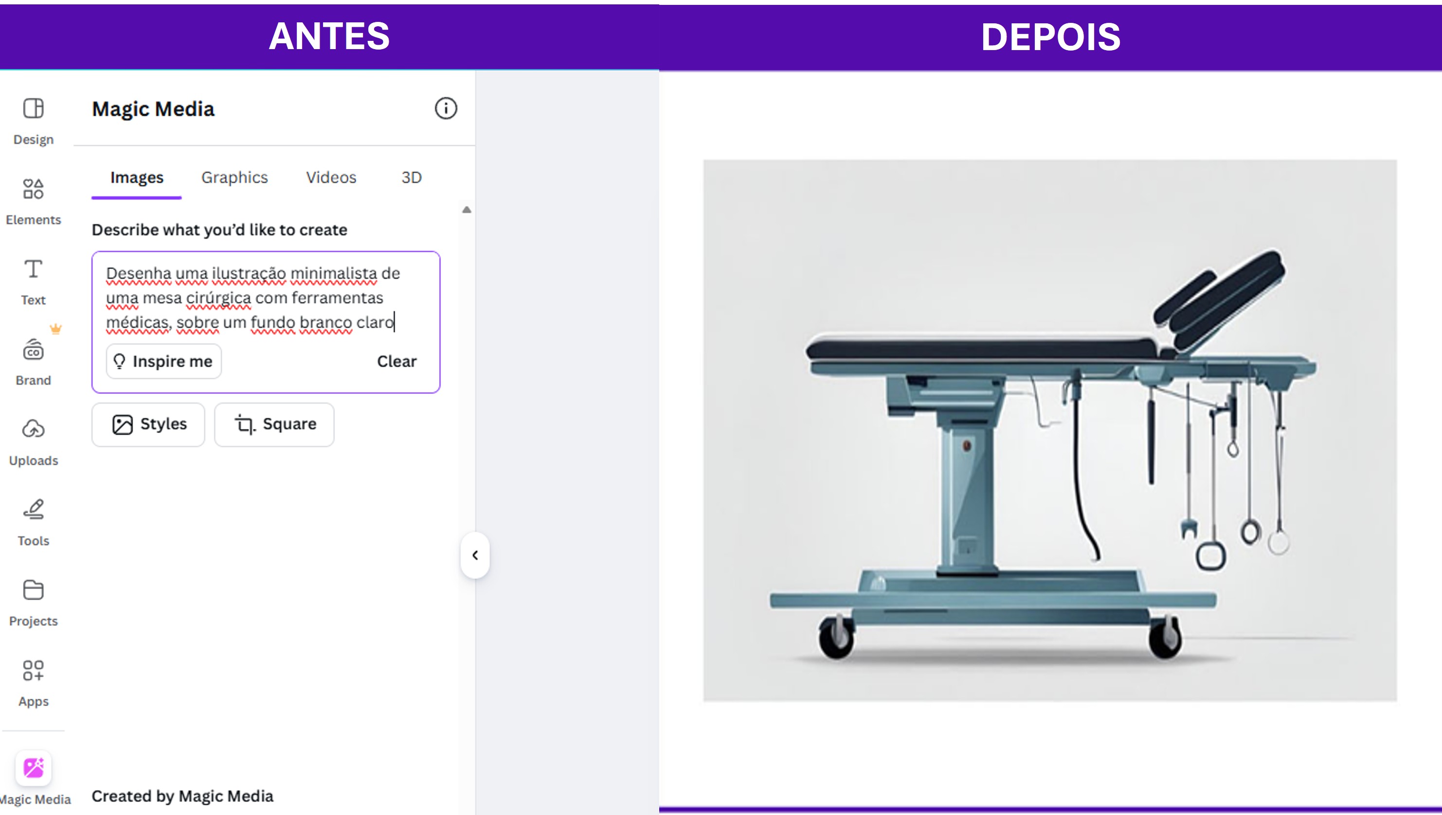A imagem demonstra a funcionalidade da ferramenta Magic Media do Canva através de uma comparação "Antes" e "Depois".