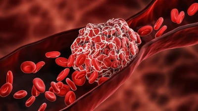 Blutgerinnsel (Thrombus), das sich an der Gefäßwand bildet und den Durchfluss der roten Blutkörperchen verengt.