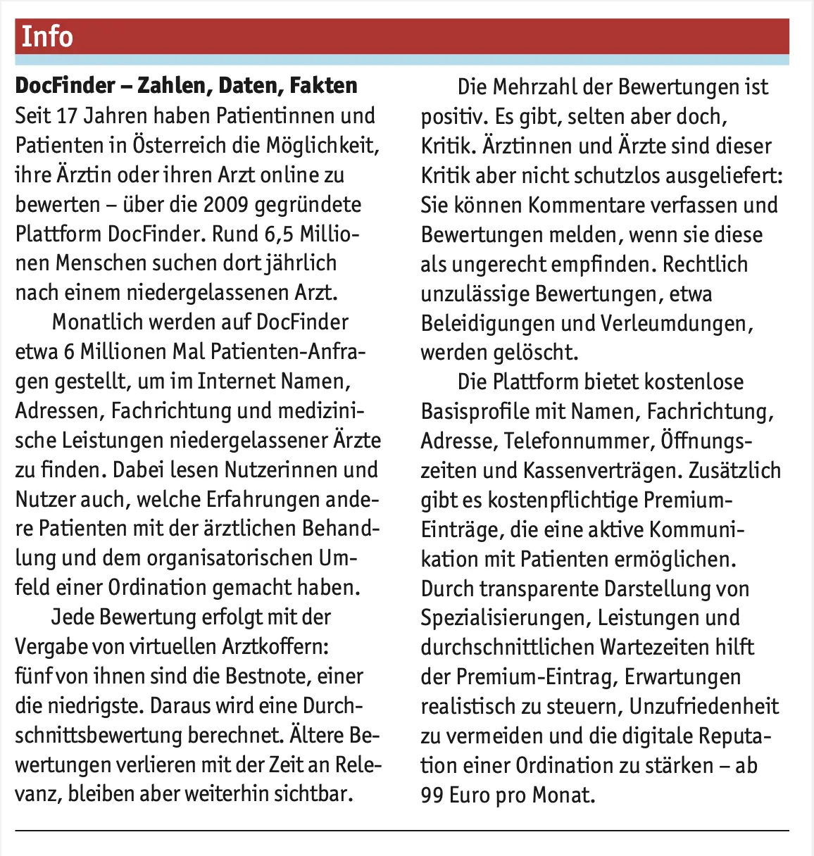 Die Grafik dient als Textplatzhalter und enthält Zahlen und Fakten zur Plattform DocFinder in Österreich. Sie informiert über Nutzung, Bewertungsprinzip mit virtuellen Arztkoffern sowie über kostenlose Basisprofile und kostenpflichtige Premium-Einträge ab 99 Euro pro Monat.