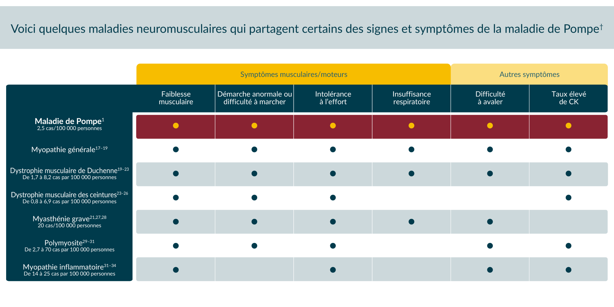 Tableau des maladies neuromusculaires qui partagent certains signes et symptômes de la maladie de Pompe. Cliquer sur « Texte intégral de l’image » pour obtenir une description complète.